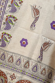 Cream Poly Dupion Dupatta with Traditional Screen Print and Peacock Border Design